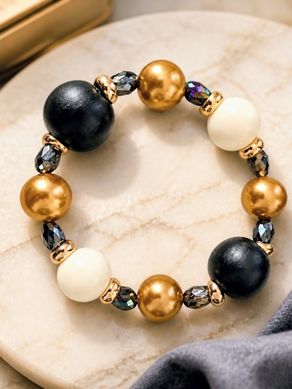 Midnight Luxe Black Gold Cream Stretch Bracelet